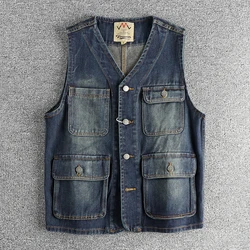 Spring Autumn New Japanese Retro Denim Cargo Vest Men's Simple Pure Cotton Washed Old Sleeveless V-neck Multi-pocket Casual Coat