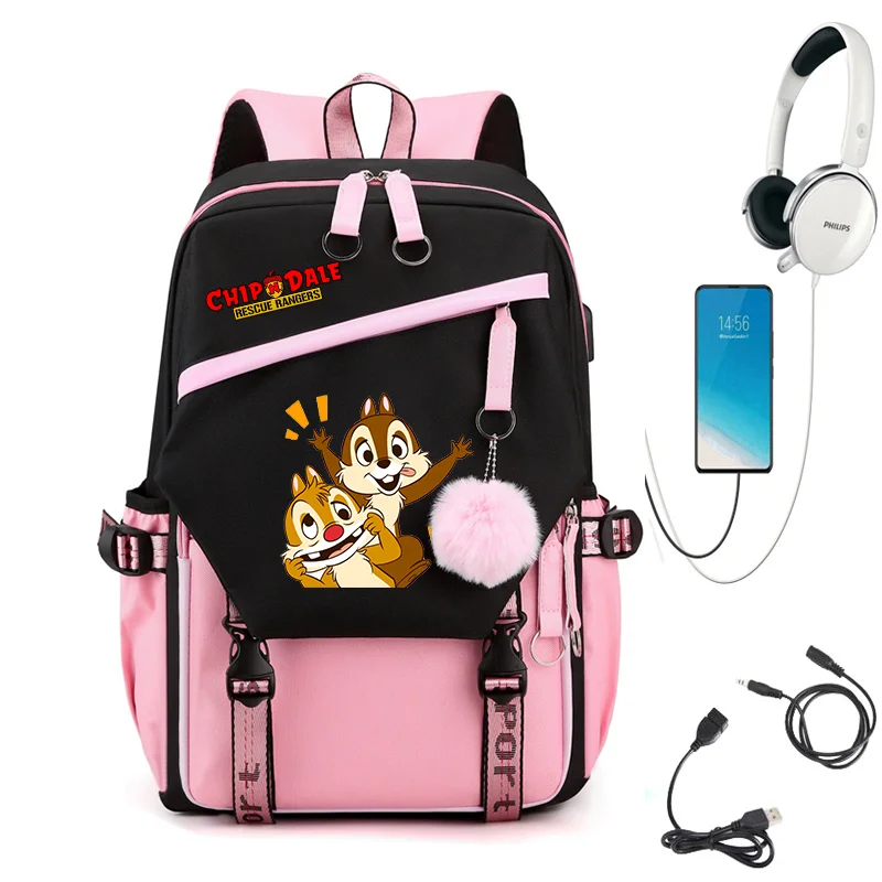 MINISO Chip n Dale Backpack for Girls Boys Teenager  Rucksack Men Women Casual School Bags USB Charging Backpacks