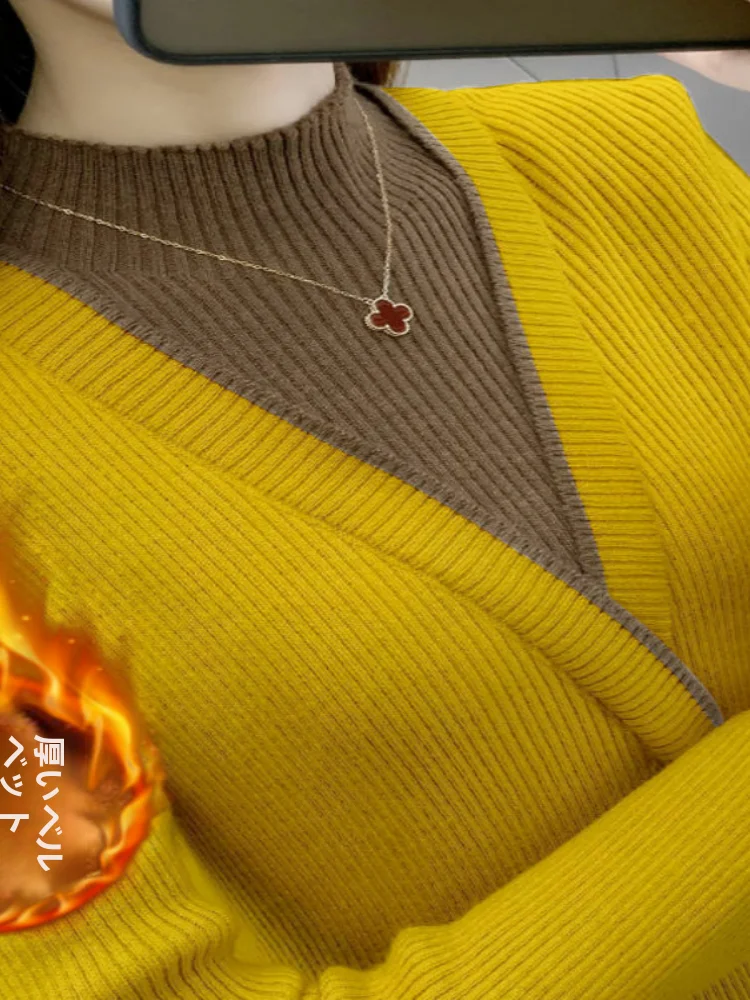 女性のフリース裏地肥厚ハーフハイカラー秋冬新スタイルフェイクツーピースセーターカラーブロックベースシャツセット