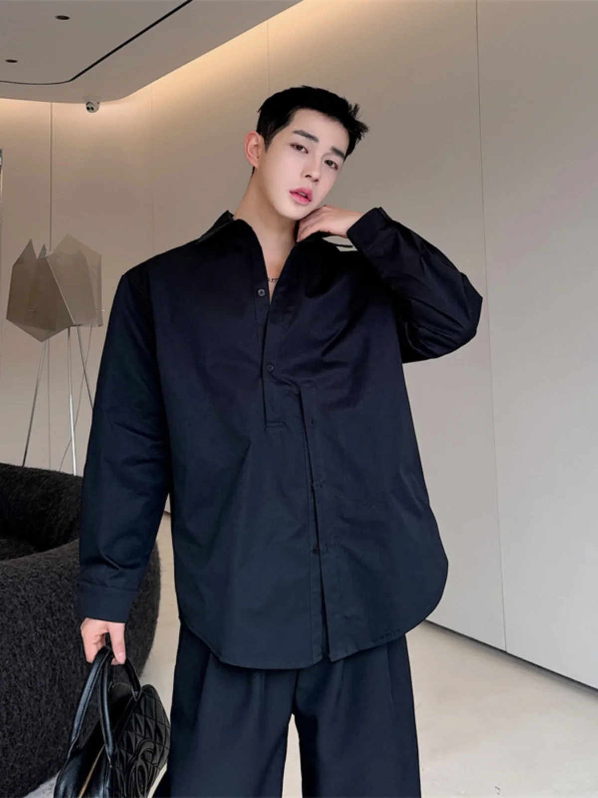 

Asymmetrical Long Sve Men's irt Loose Fit Trendy And Haome Spring Summer Casual Wear Iron Free Youth Sle