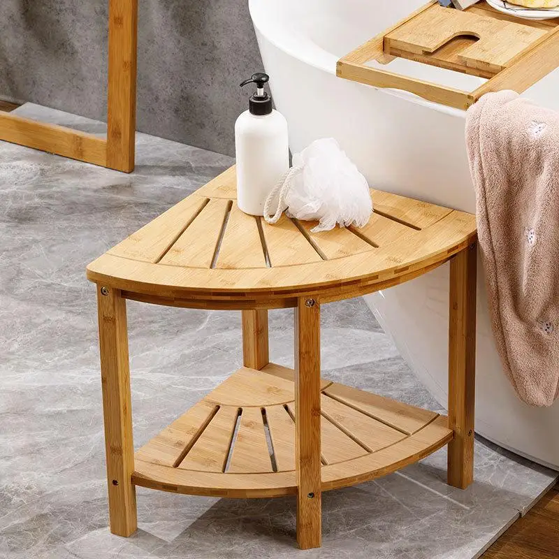 1Pc Chinese Style Fan-Shaped Bathroom Stool Non Slip Storage Rack Bamboo Shoe Changing Stool Elderly Pregnant Women Shower Stool