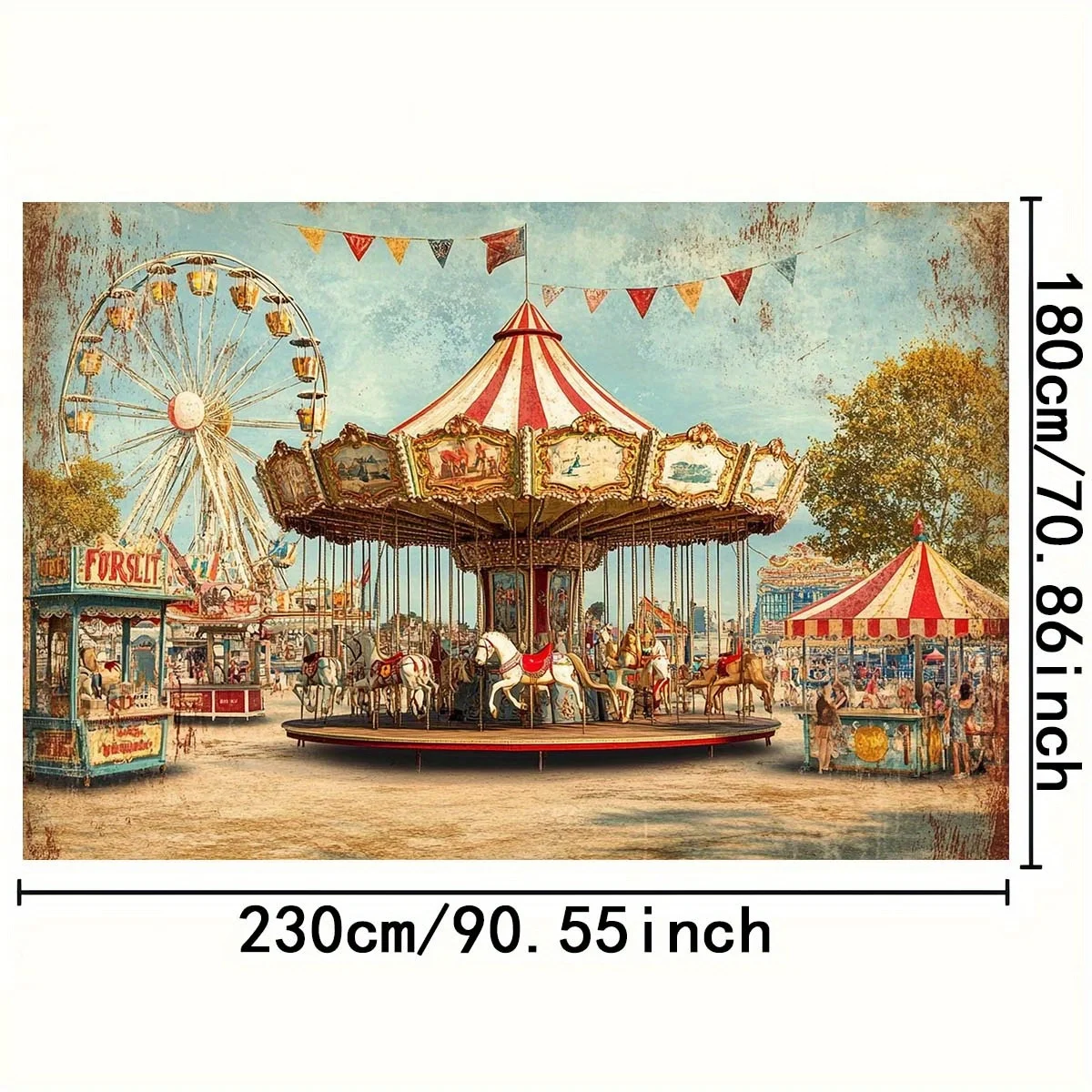 Retro carnival background with carousels, Ferris wheels and hunting - retro party decorations for weddings and birthdays