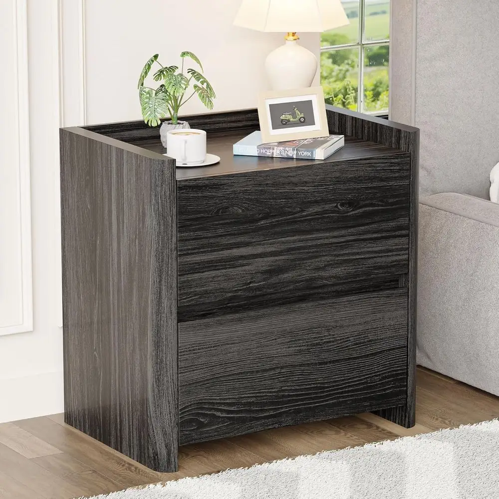 

2 Drawer Nightstand with Cut-Out Handle, Large Bedroom End Table, Grey Finish
