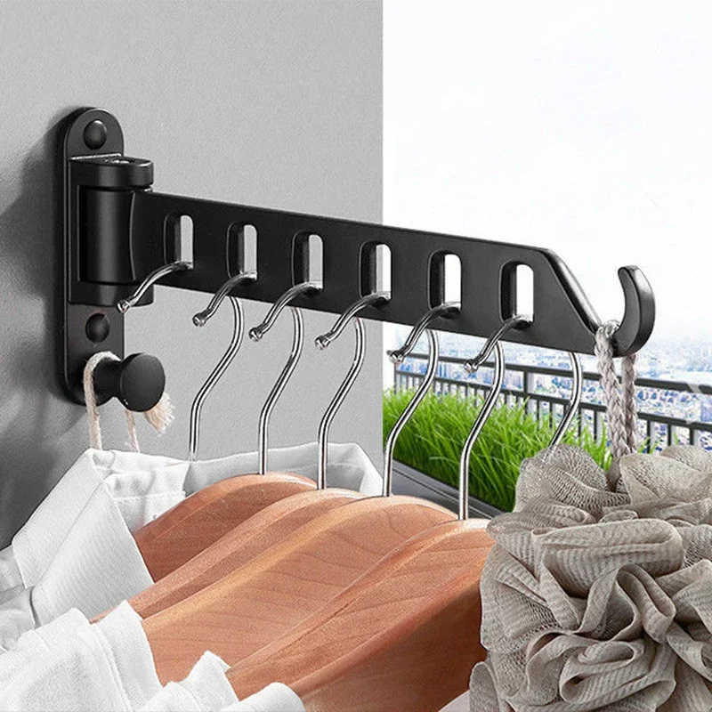 

Folding Clothing Drying Rack Wall-mounted Free Punch Clothes Hangers Rack Pole 180° Rotation Balcony Bathroom for Indoor Outdoor