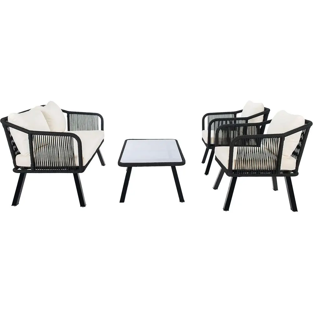 

4-Piece Wicker Cushion Patio Set with Rope Backyard Living, Black/Beige