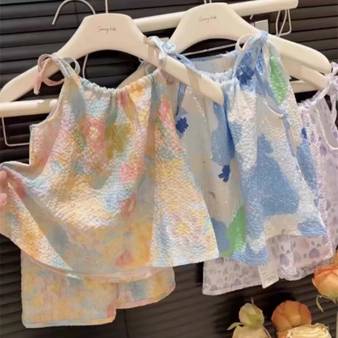 

Summer oil painting style new set, girls' camisole skirt and pants two-piece set, girls' baby western-style vest skirt