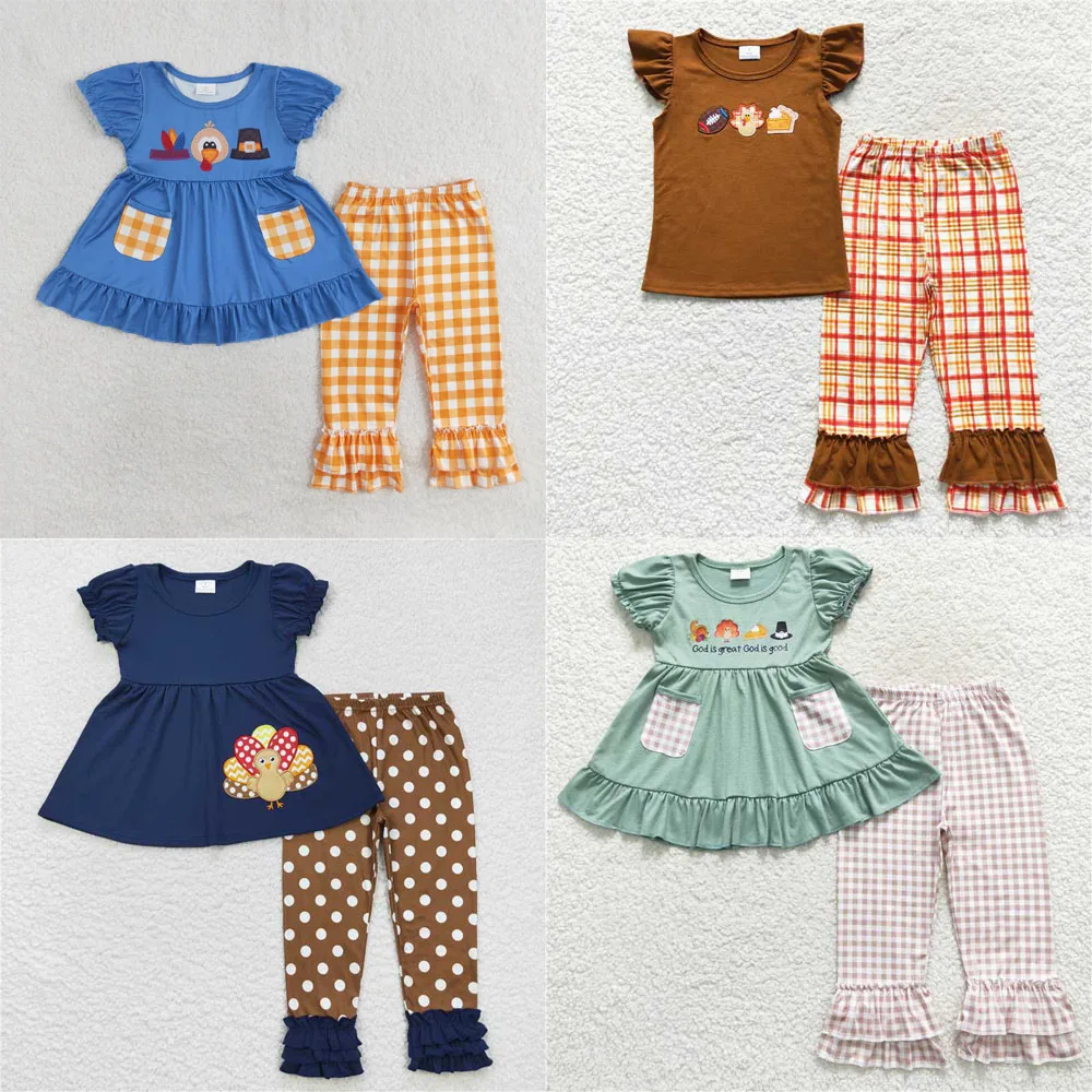 

wholesale western boutique Thanksgiving baby girls clothes Turkey hat pocket blue short sleeve yellow plaid pantsuit