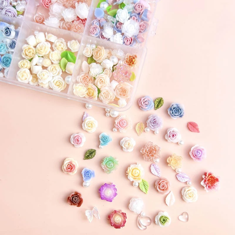 Kit de 24/42 rejillas para decoración de uñas, flores 3D, hojas de resina mezcladas, cuentas de perlas, dijes de mariposa, juego de decoración de manicura, salón artesanal DIY