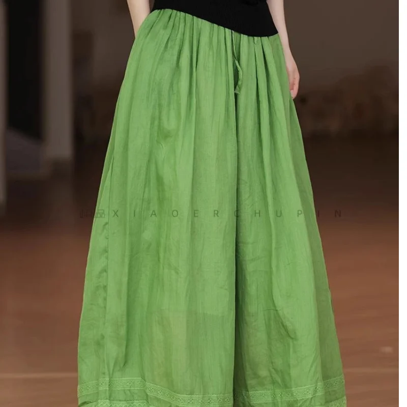 

High-end Tail Single Literary Lace Splicing Straight Pants for Women Loose and Slim Casual Wide Legs