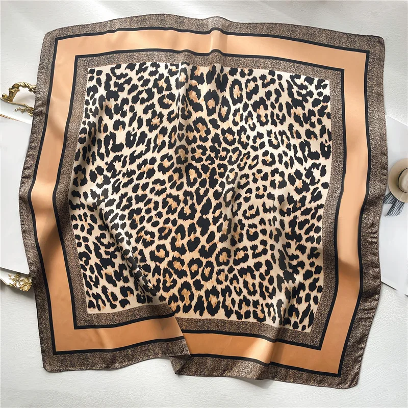 Fashionable 70*70cm Leopard Print Scarf For Women Spring/summer Soft Satin Borders Square Bandana Sun Protection Shawls