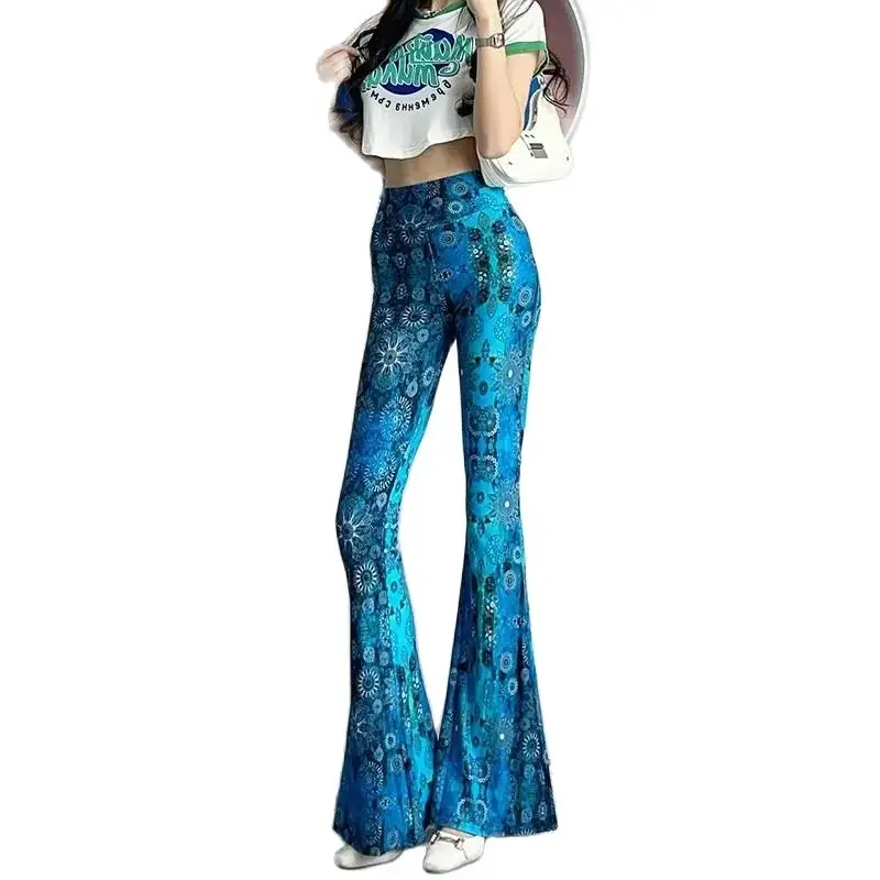 

Spring Autumn High-Waisted Bell-BottomsWomen 2024 New Fashion Loose Leisure Printing Flares Elasticity Blue 3XL Pants Female