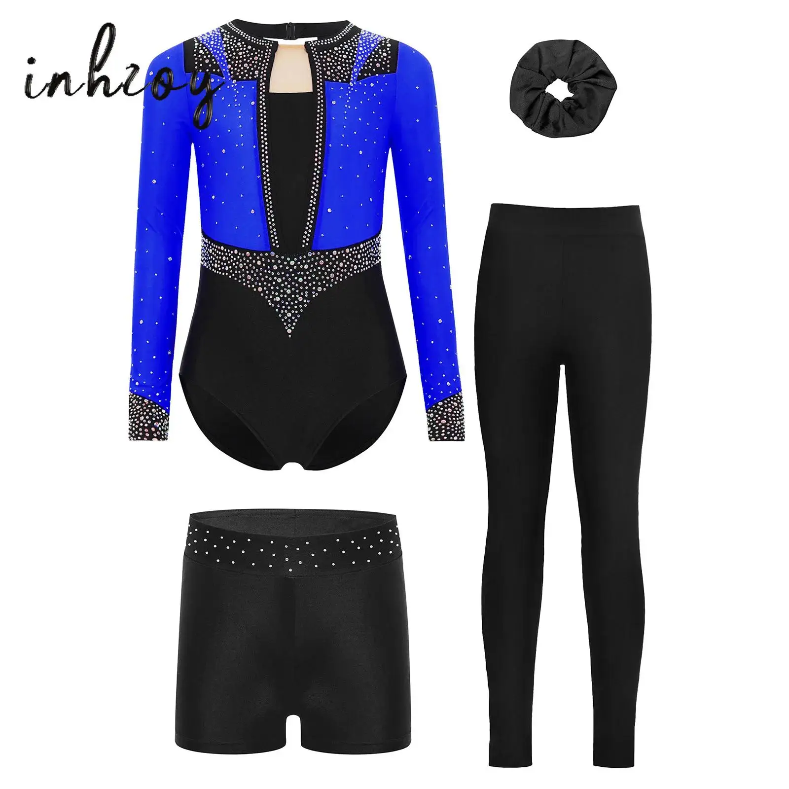 

Kids Girls Gymnastics Figure Skating Dance Outfit Long Sleeve Keyhole Back Shiny Rhinestones Leotard+Shorts+Leggings+Hairband