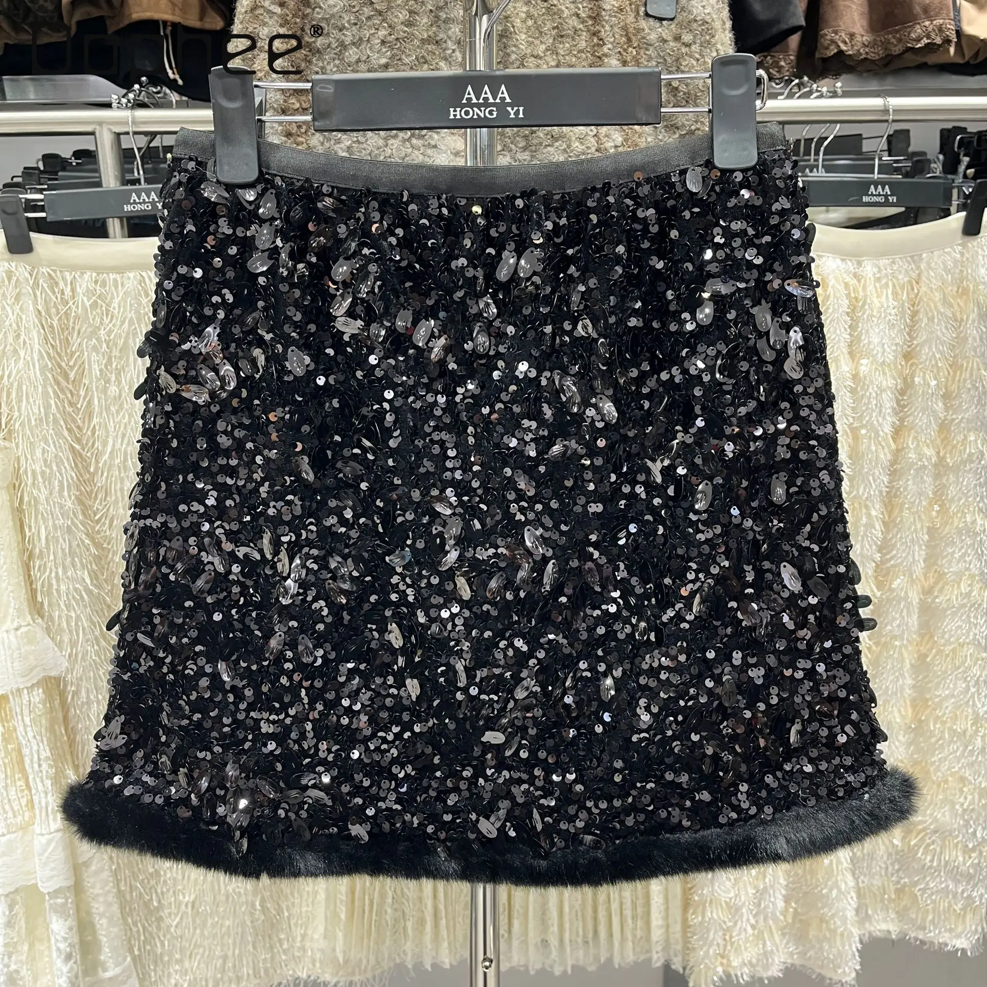 

2025 Winter New Hot Girl Black Sequin Fringe Short Skirt Women High Waist Slimming Furry Edge Patchwork A-line Skirt Y2K Skirts