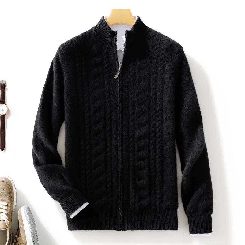 2025 new style sweater men winter commerce soild color open stitch geometry pattern zipper collar thickening wool gentleman