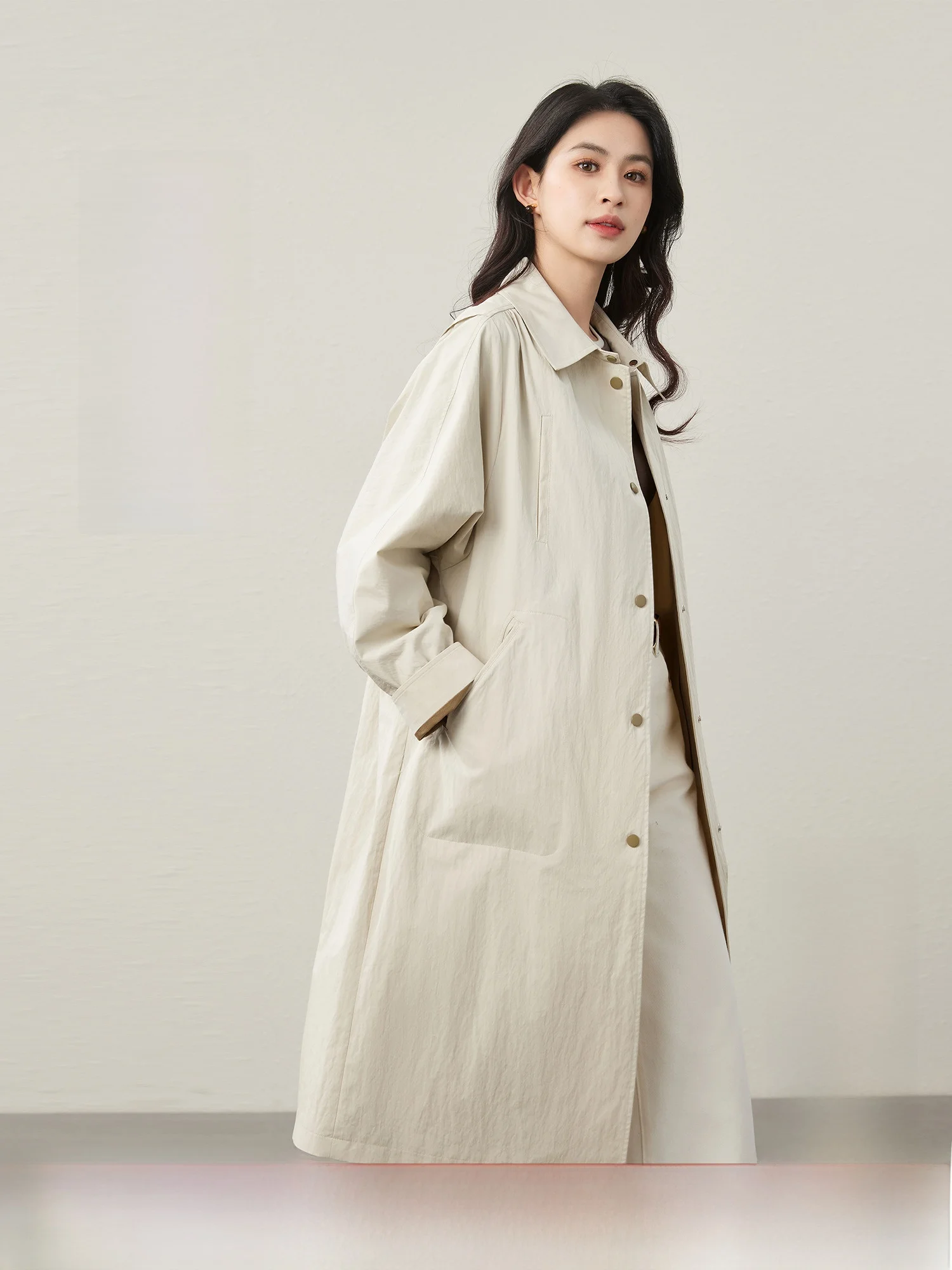 

Mijia High Quali Women's Long Coat Spring New Sle Casual Turn-down Collar Single-button Cotton Blend Outerwear