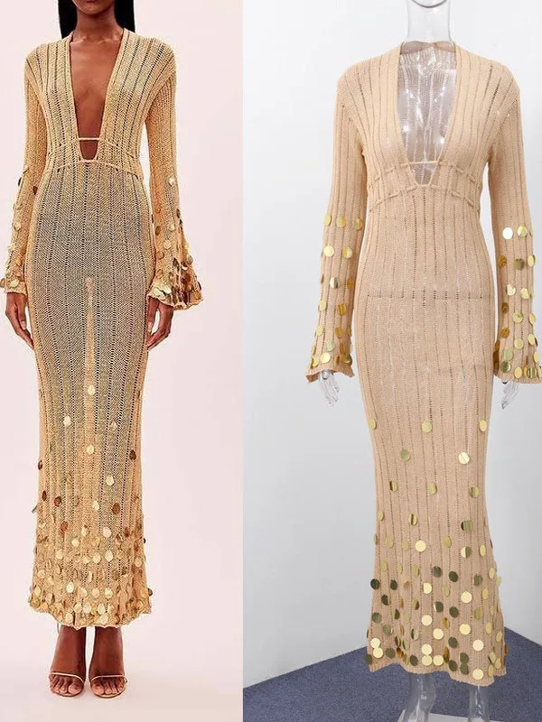 반짝이는 스팽글 딥 V넥 벨티드 니트 롱 드레스 봄 가을 시스루 우아한 여성스러운 스타일 하이웨이스트 롱 드레스