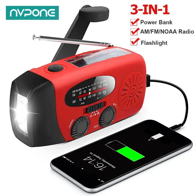 Multifunctional AM/FM/NOAA Emergency Hand Crank Radio Portable Weather Radio Power Bank Solar Charging with LED Flashlight