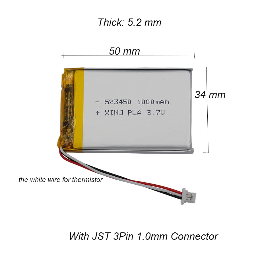 3.7V 1000mAh 3.7Wh Thermistor Li LiPo Battery 523450 JST 3Pin 1.0mm Connector For GPS Car Camera Driving Recorder DashCam