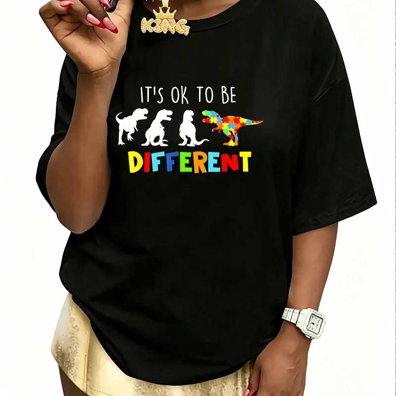 Autism Awareness Dinosaur S Its Ok to Be Different Women's 100% Cotton T-Shirt Short Sleeve Top Casual Round Neck Fun Print Tee S-5Xl