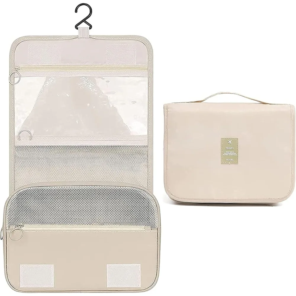 Hanging Toiletry Bag for Women, Waterproof Travel Makeup Organizer, Cosmetic Bag with Hook, Beige Bathroom Shower Bag