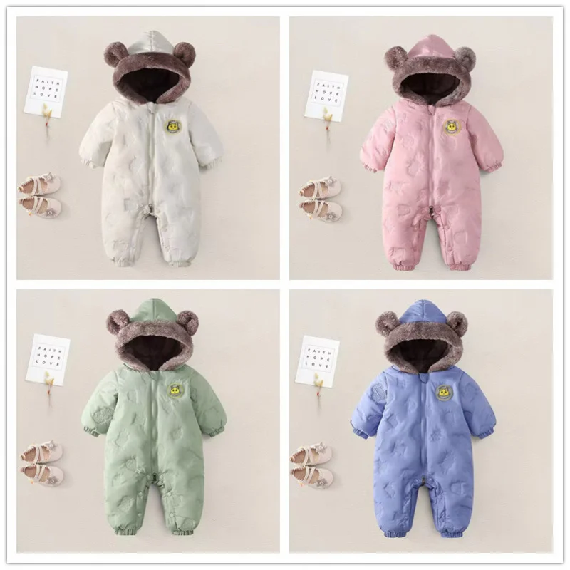 

0-3 years baby onesies autumn and winter fleece warm cotton clothes newborn clothes Baby solid color hooded crawling suit Baby