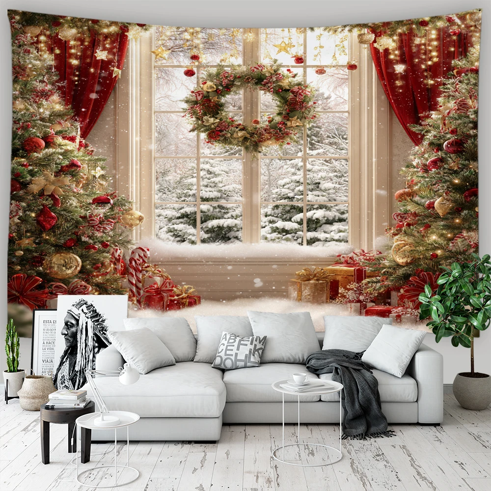 Christmas Tree Outside Window Winter Cedar Christmas wreath Wall Hanging Christmas Tapestry Home Living Room Sofa Decor Tapestry