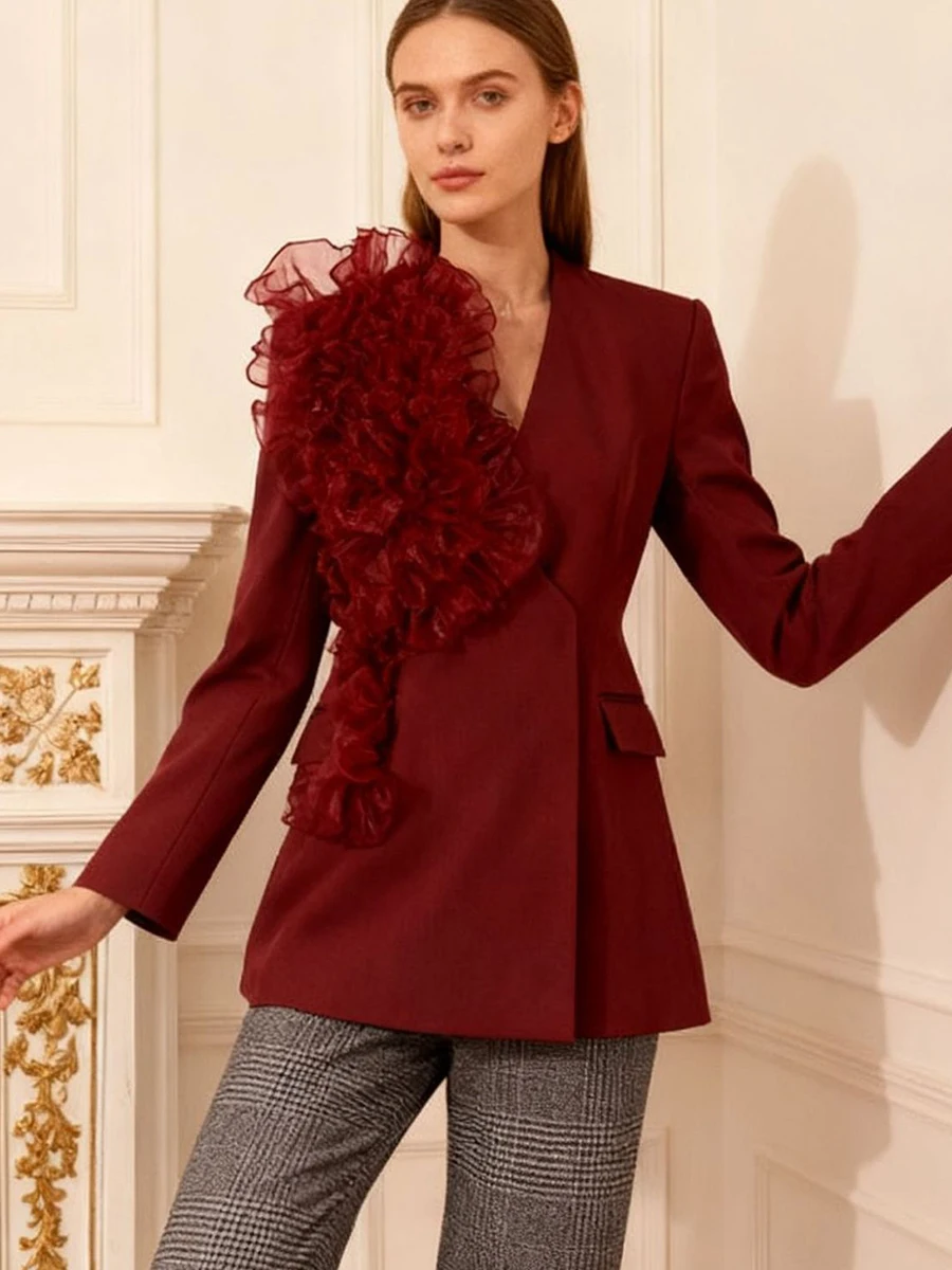 

Сетчатый лоскутный пиджак с оборками, женский зимне-весенний дизайнерский модный пиджак с длинными рукавами Siut, офисная женская повседневная куртка, блейзер 2026