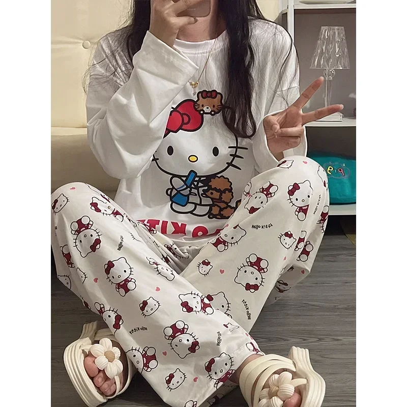 Sanrio осенние новые брюки с длинными рукавами Hello Kitty, комплект из двух предметов из чистого хлопка, женские пижамы, шелковые пижамы, женская