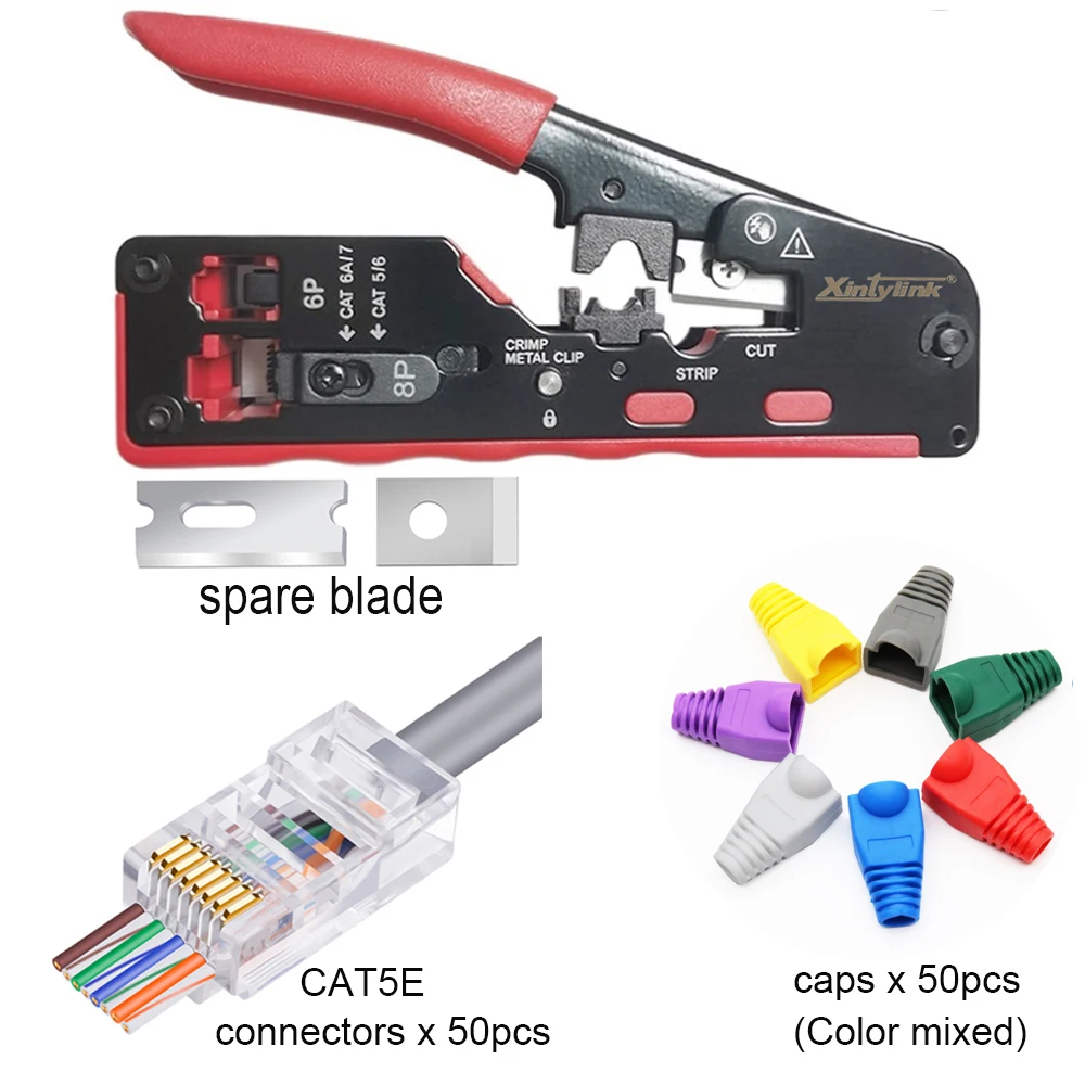 UTP CAT5E connectors caps+rj45 pliers crimper pass through cat5 cat6 cat7 CAT8 network tools ethernet cable Stripper set