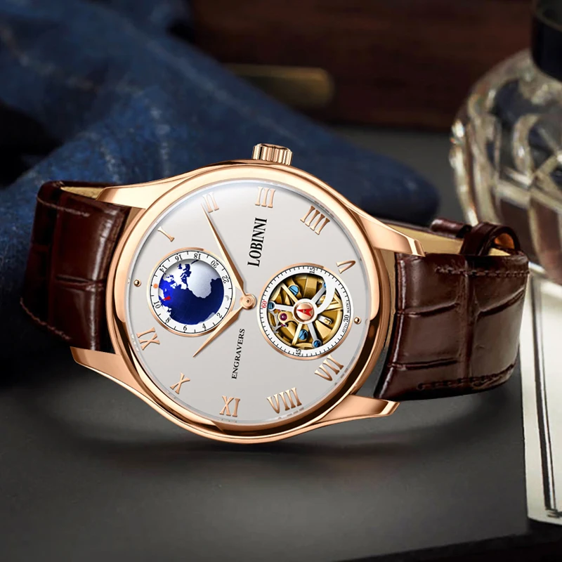 LOBNINI New Brand Mens Automatic Mechanical Watches New Dress Men Watch Advanced Seagull Movement Skeleton Watches