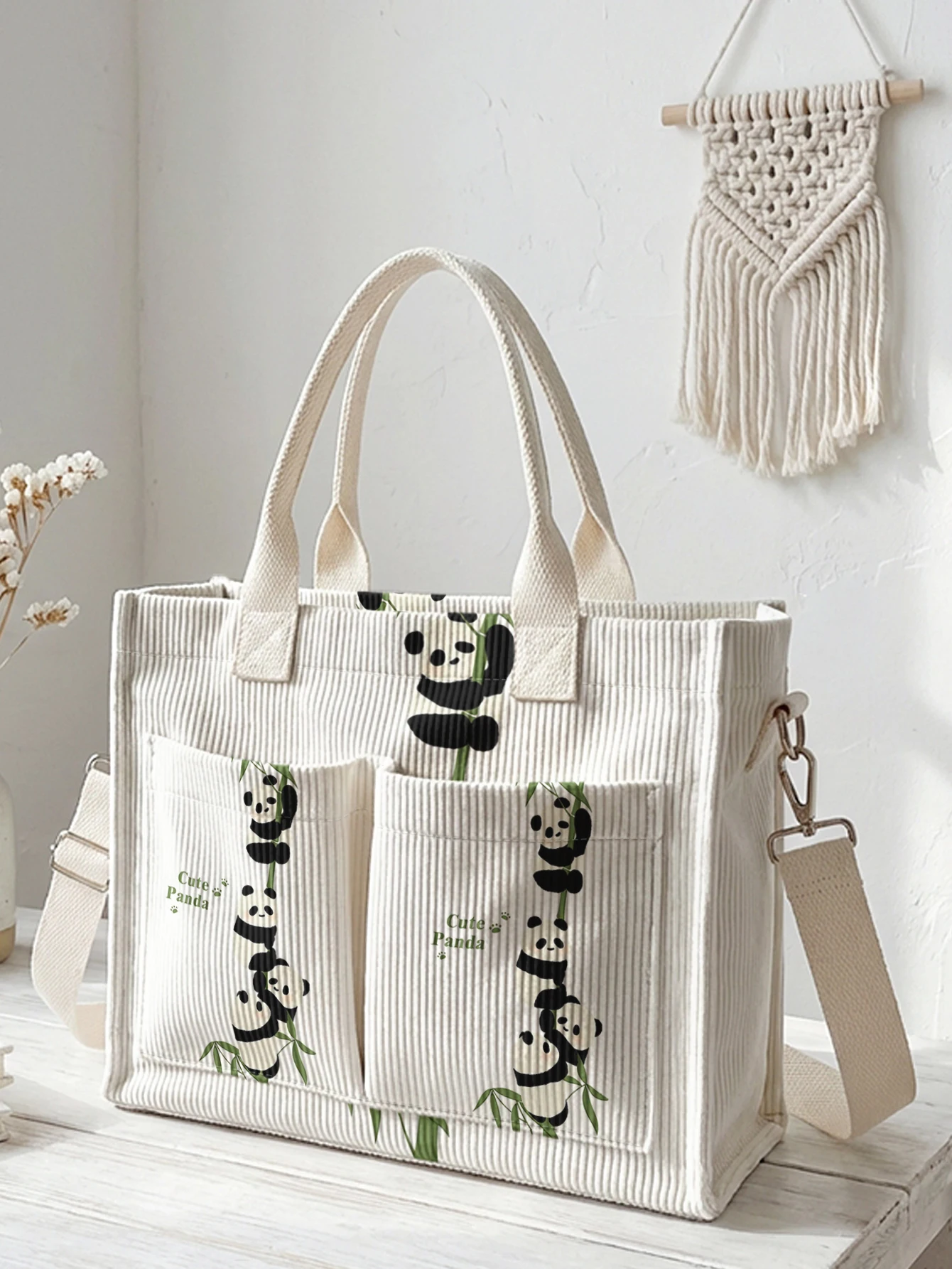 

Сумка-тоут из вельвета с принтом милой панды и бамбука, большая вместительная сумка через плечо с несколькими карманами для любителей панд