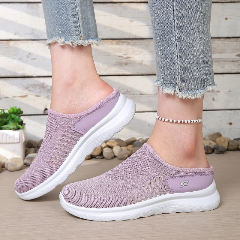 Women's Open Heel Slip-On Shoes, Hollow Vertical Striped Knit Mesh Upper, Wavy Contour Thick Sole Rear Cutout Walking Footwear - view 2