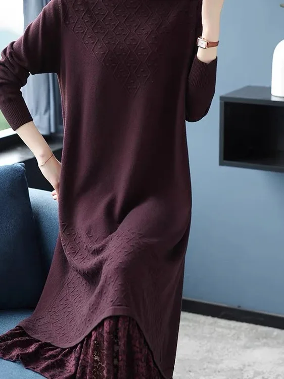 

Утепленная вязаная юбка макси с кружевом и высоким воротником, свободного кроя, для повседневной носки, теплая, больших размеров