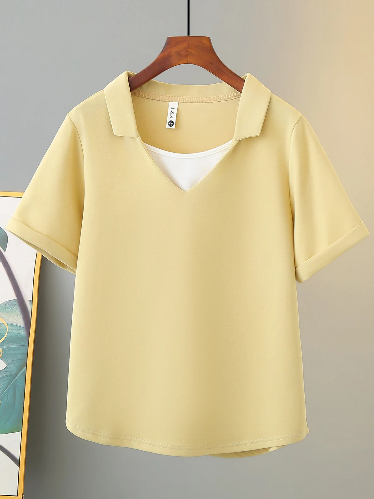 Summer 2026 Loose Fit Casual Women's T-Shirt Short Sleeve Turn-down Collar Color Block Top Versatile plus Size College Style