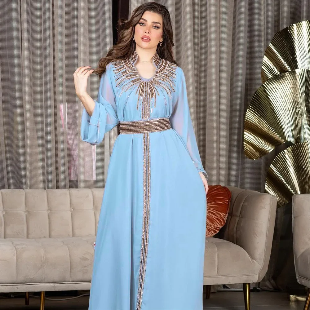 Morocco Party Dress Women Muslim Abaya Stand Collar Fashion Dubai Abayas Diamond Kaftan Elegant Robe Vestidos Turkey Gown