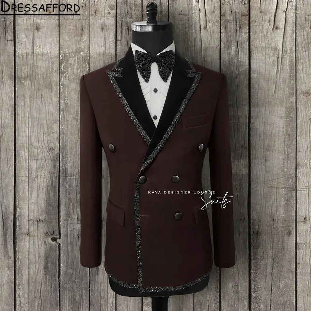 

Brown Men Suits Beading Edge Groom Wedding Tuxedos 2 Pieces Sets Dinner Prom Blazers Terno Masculino Completo