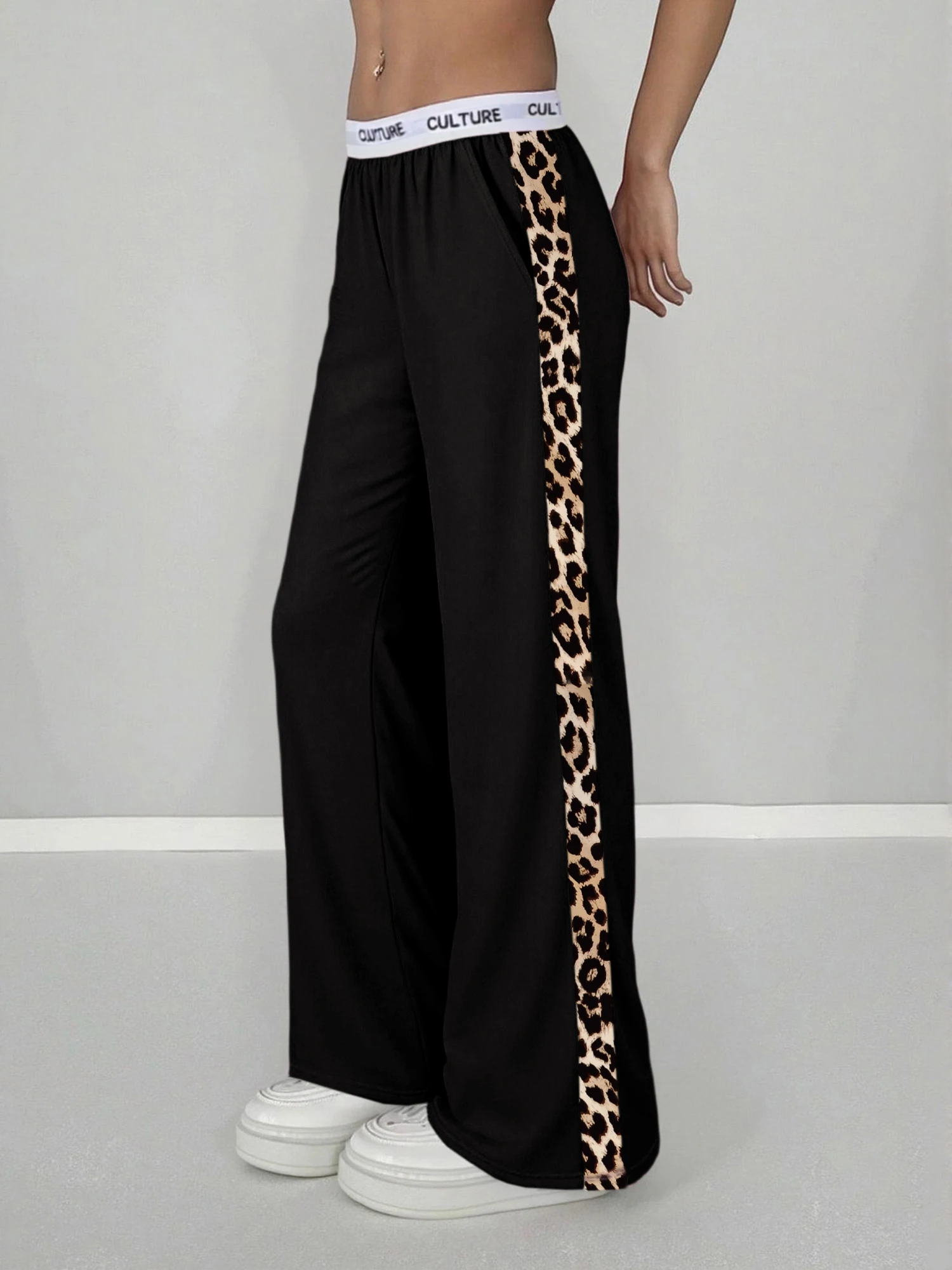 2026 Neu Heißer Verkauf Damen Leopardenmuster Seitenstreifen Weite Hose Lässige High-Waist Hose mit Schriftzug-Bund Lockerer Streetwear-Stil – Detail 15