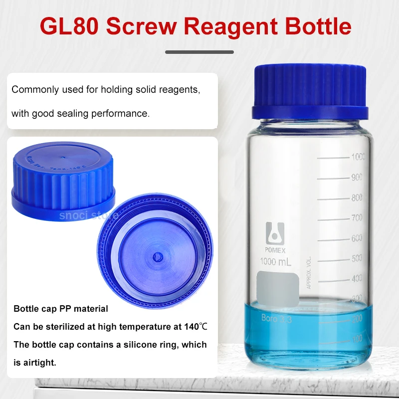 250 ml/500 ml/1000 ml graduierte runde Glasreagenzflasche Labor transparente versiegelte Flasche mit blauem Schraubverschluss GL80 – Detail 3