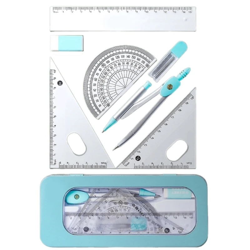7Pcs School Geometry Tool Set for Student,Including Metal Geometry Set Square, Eraser, Protractor, Storage Case