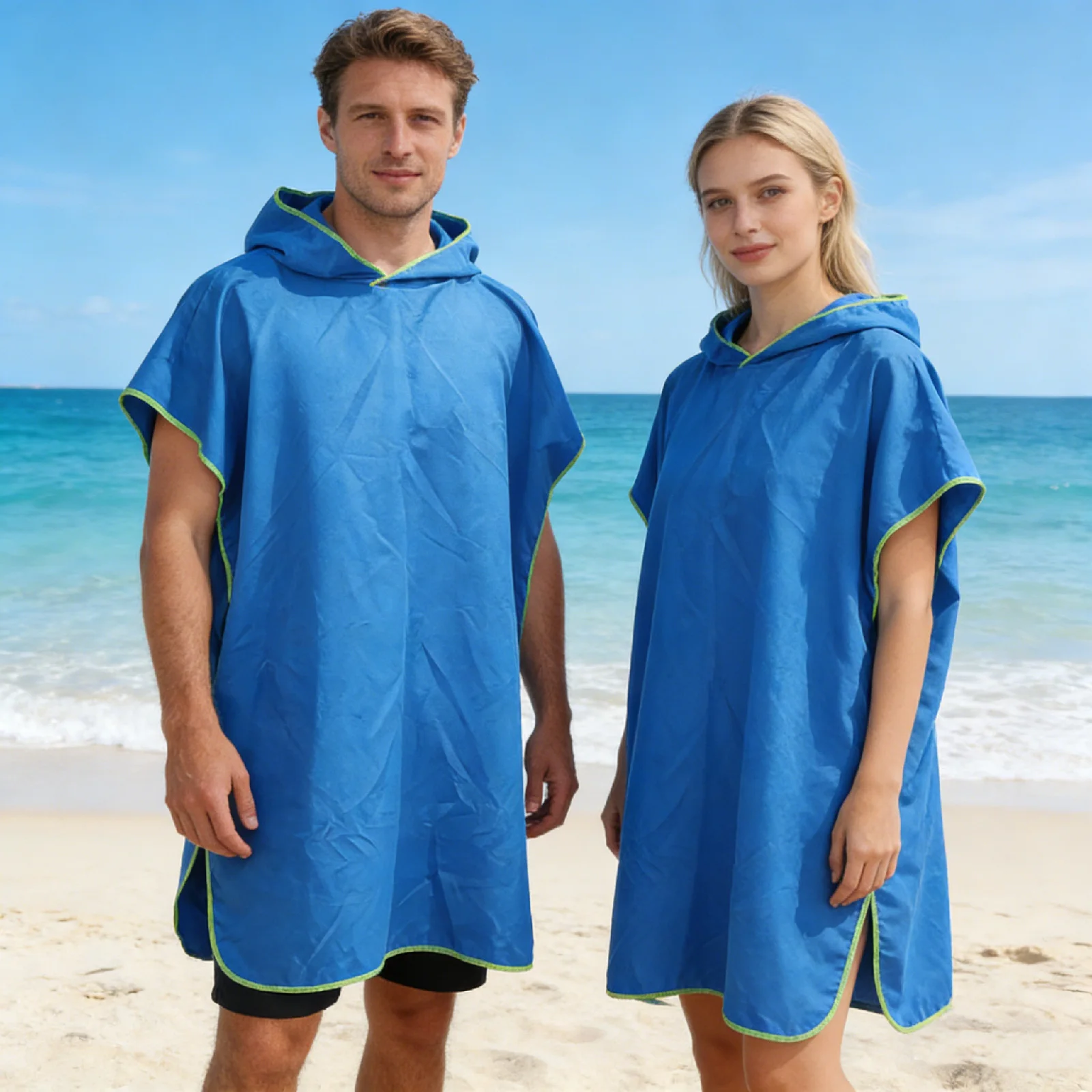 80*100cm Quick Dry Hooded Poncho Towel Adult Beach Swimming Changing Robe Absorbent Bath Towel for Surf Camping Pool Indoor Blue
