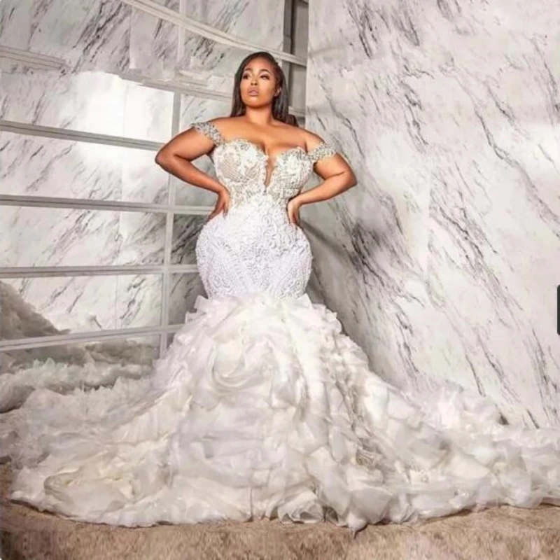 

South Africa Luxury Mermaid Wedding Dress with Ruffle 2023 Lace Appliques Crystals Beadings Plus Size Bridal Gowns Custom Made