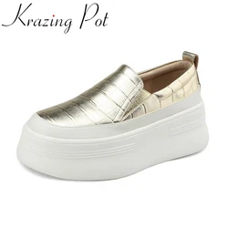 Krazing Pot nowa krowa skóra Split okrągłe Toe wysokie obcasy grube dno wzór krokodyla Western Slip on buty wulkanizowane