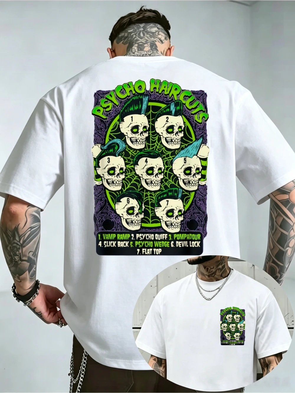 Men'S Psycho Haircuts Skull Hairstyle Spider Web Horror Graphic T-Shirt Black Oversized Psychobilly Streetwear Tee