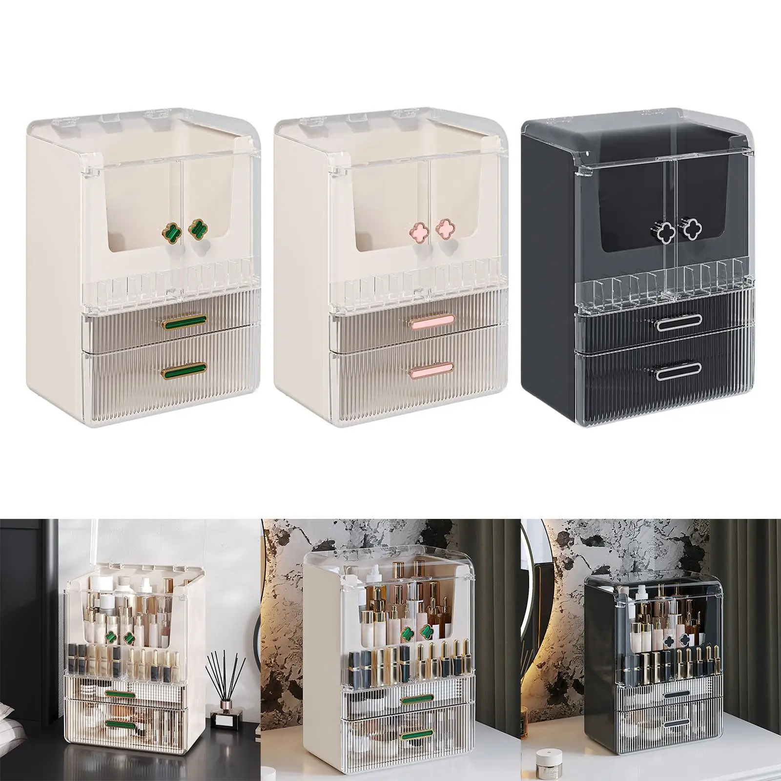 Cosmetic Storage Display Box Makeup Storage Organizer Double Doors Three-layer Large Capacity Make up Holder for Dorm Dresser