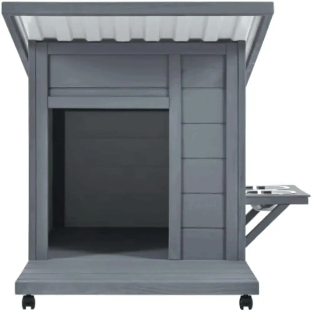 

Elegant Outdoor Wooden Dog House with Waterproof Design, Food Bowl, and 4 Swivel Wheels