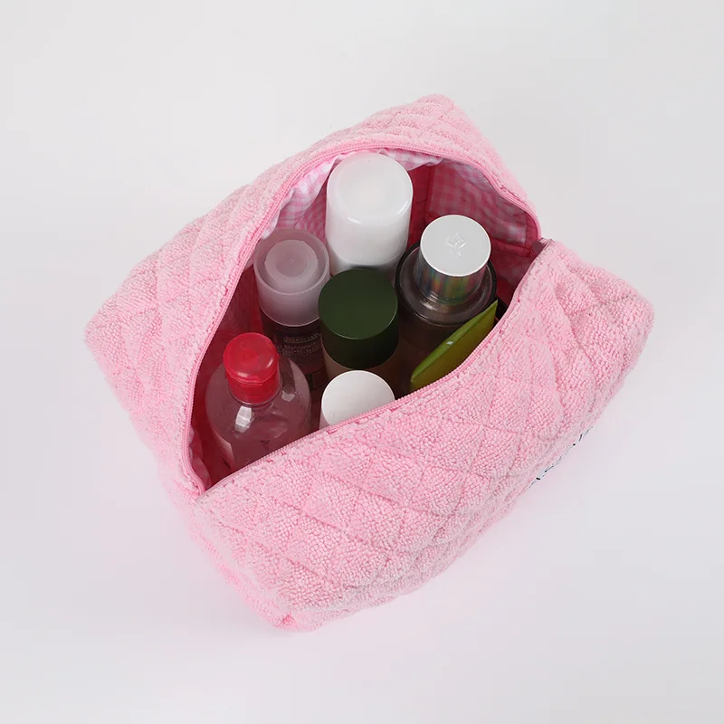 Borsa cosmetica in peluche da viaggio, custodia trapuntata con motivo a reticolo, colore caramella, ricamo, spugna, custodia per il trucco, borsa