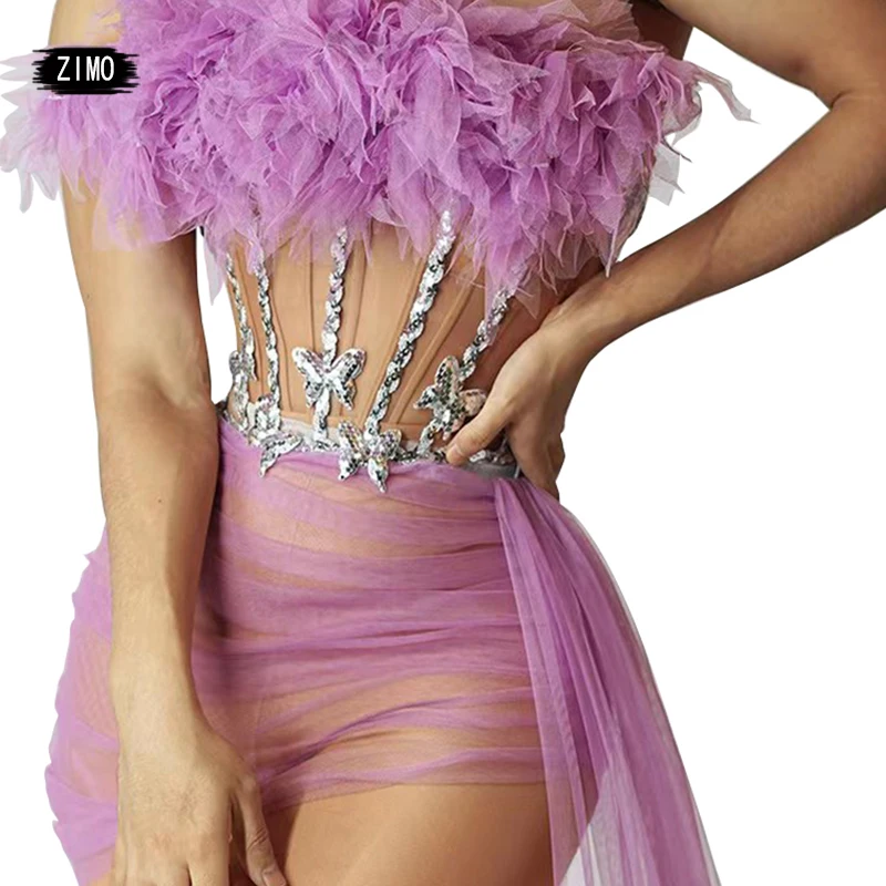 Robe en maille transparente violette pour femme, spectacle de danse en dentelle, costume de drag queen, fête d'anniversaire, mariage, mode sexy, 3 pièces