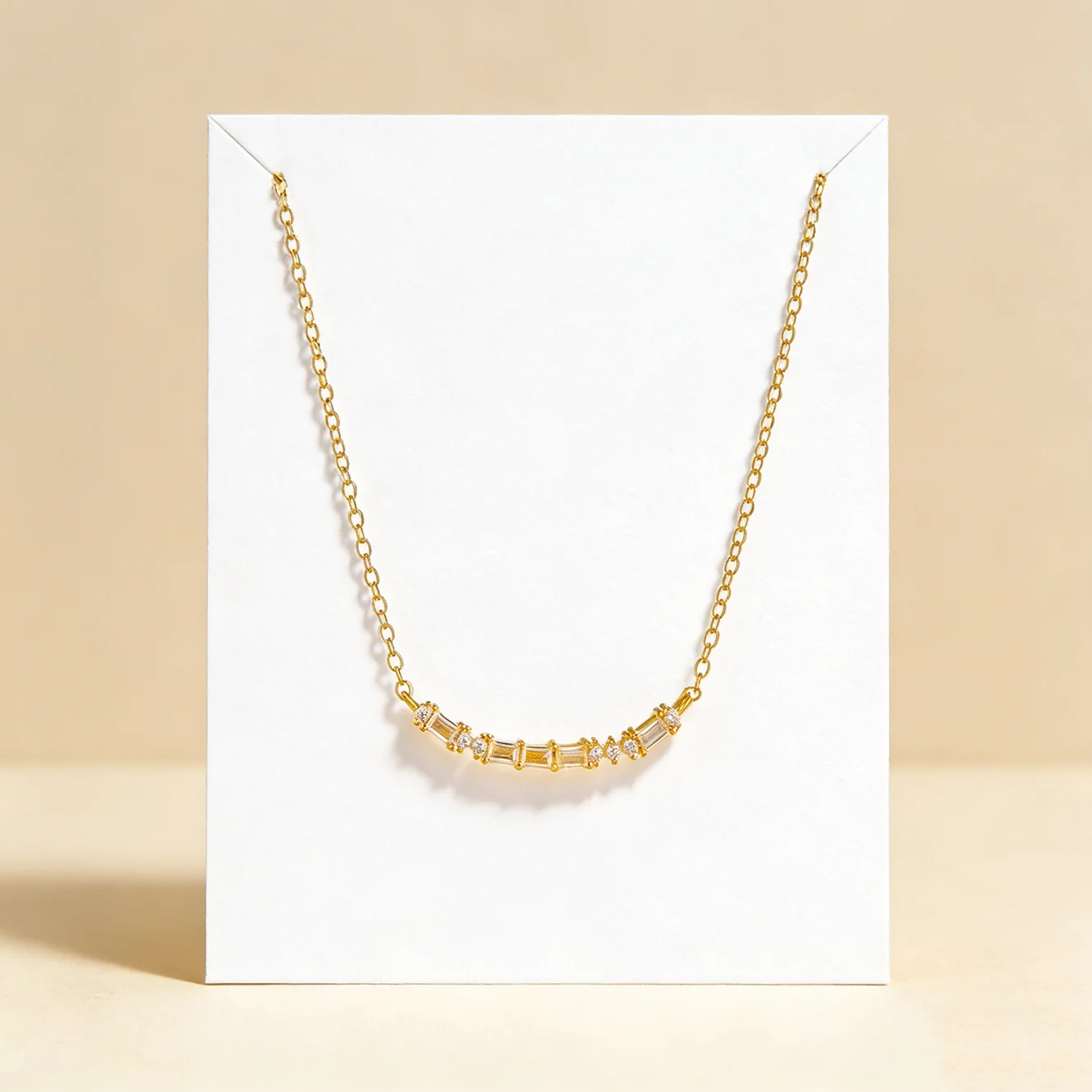 

FULSUN Dainty Curved Bar Baguette & Round CZ Necklace 925 Sterling Silver 14K Gold/Rhodium Plated Adjustable For Women