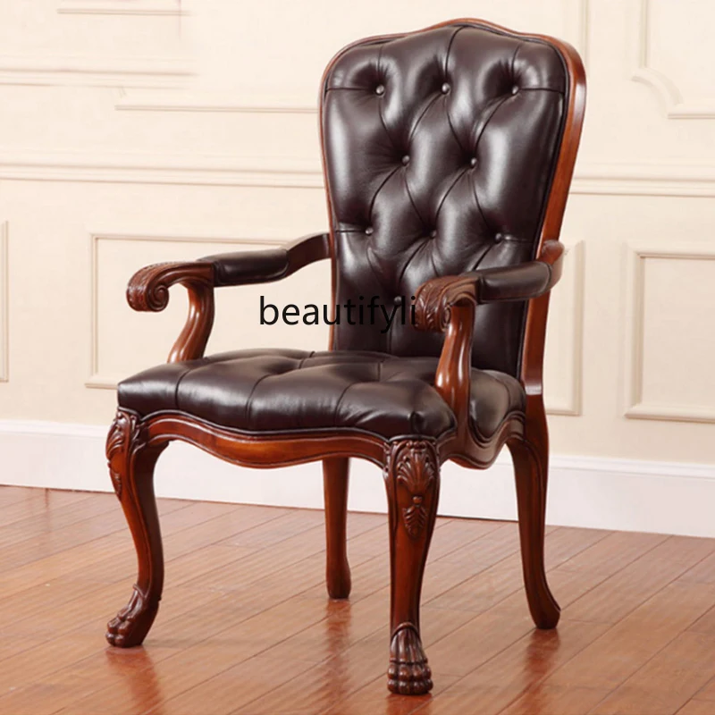 American Country Solid Wood Leisure Chair Leather Tiger Chair Single Sofa Balcony Single Chair