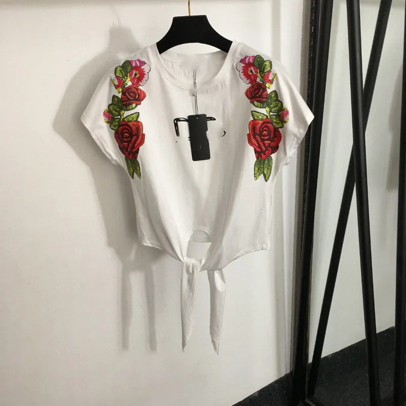 

Heavyweight Printed Rose Lettering High Waist Crop Top Short T-Shirt Women's Trendy Shoulder Pad Knot Casual Summer Cotton Blend